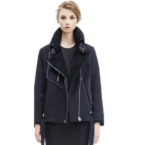 IRO Notting Sherpa Fur Shearling Cotton Jacket Coat Biker Moto Motorcycle sz 34 - Picture 2 of 14